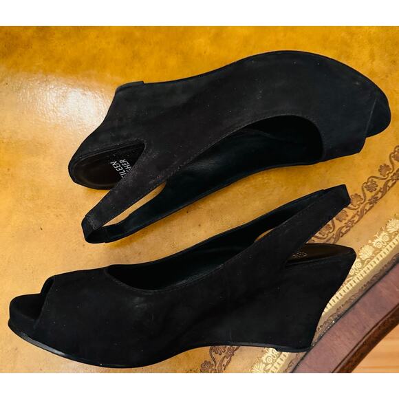 Eileen Fisher Women Black Suede Leather Wedge Peep Toe Slingbak Crescent Shoes 9 - Picture 5 of 12